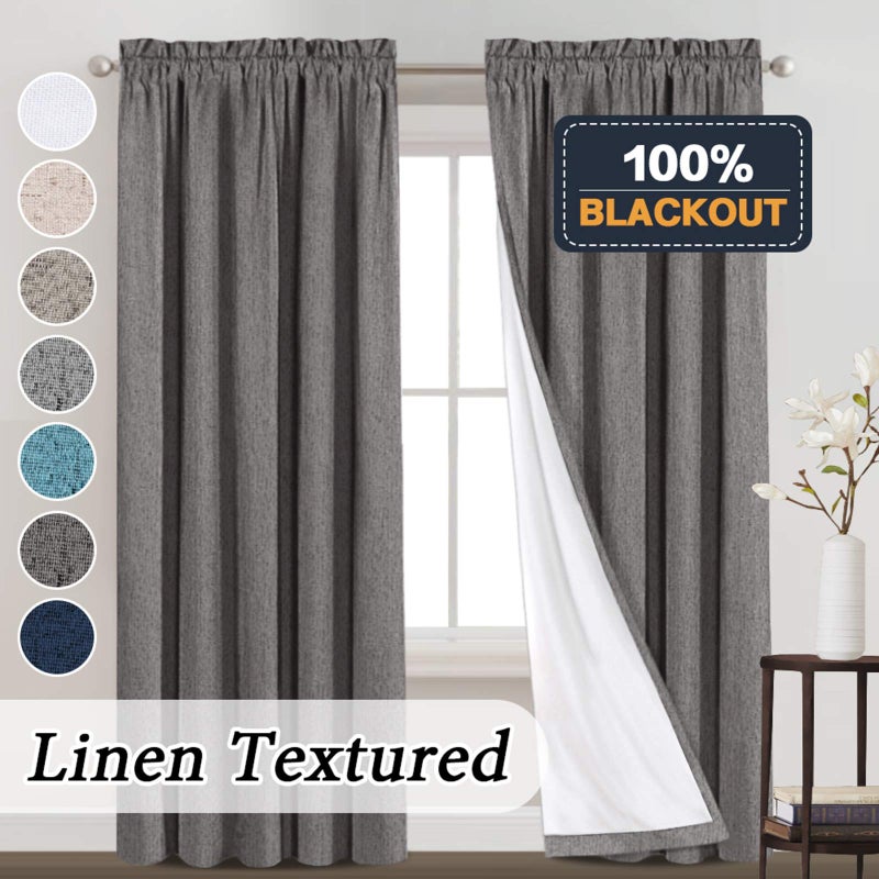 PrinceDeco 100% Blackout Curtains Primitive Linen Textured Curtain Drapes for Bedroom Full Light Blocking Window Curtains Draperies for Living Burlap Fabric Soft with White Liner (52"W x 95"L, Grey) - Image 2